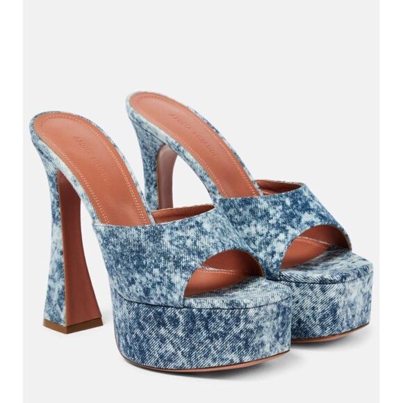 NEW AMINA MUADDI Dalida Blue Denim Square Open Toe Platform Pumps Size E… - Picture 5 of 12